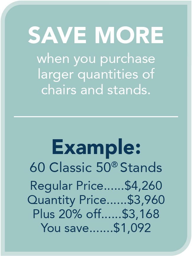 SAVE MORE
when you purchase
larger quantities of
chairs and stands.
Example:
60 Classic 50® Stands
Regular Price......$4,260
Quantity Price......$3,960
Plus 20% off......$3,168
You save.......$1,092