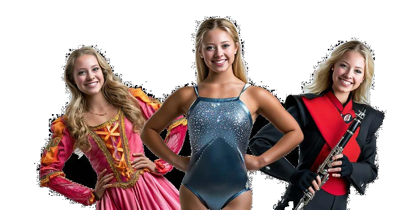 Emma participating in Theatre, Gymnastics, Marching Band