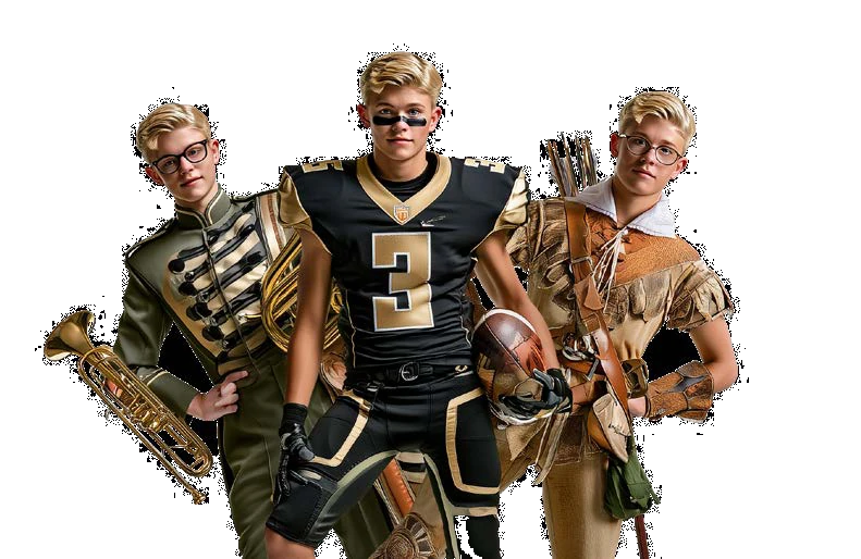 Jack participating in Marching Band, Football, Theatre
