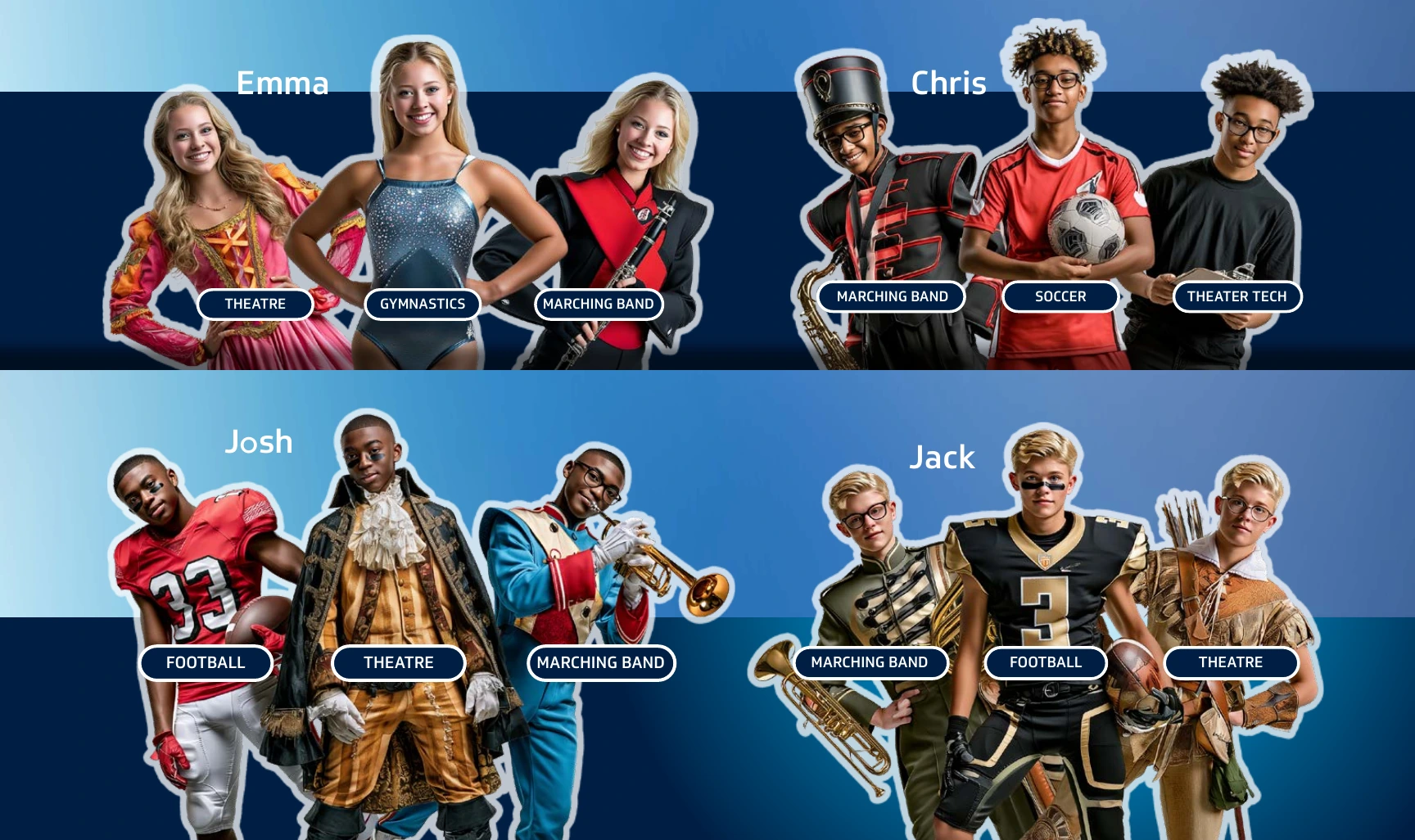 Emma: theatre, gymnastics and marching band. Chris: marching band, soccer and theatre tech. Josh: football, theatre and marching band. Jack: marching band, football and theatre.